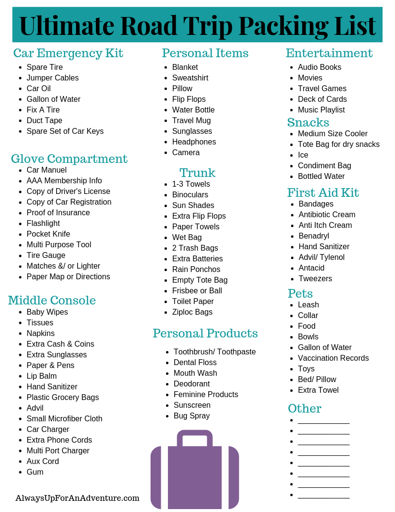 ultimate road trip packing list always up for an adventure